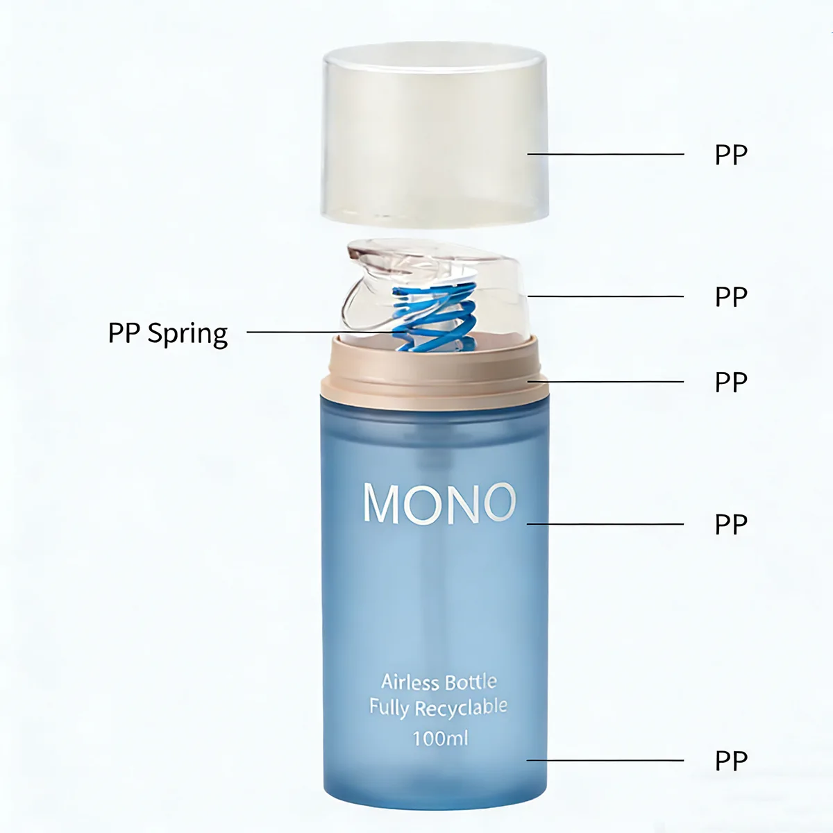 Close-up of the metal-free plastic spring and vacuum piston, engineered to prevent leaks and ensure total depletion.