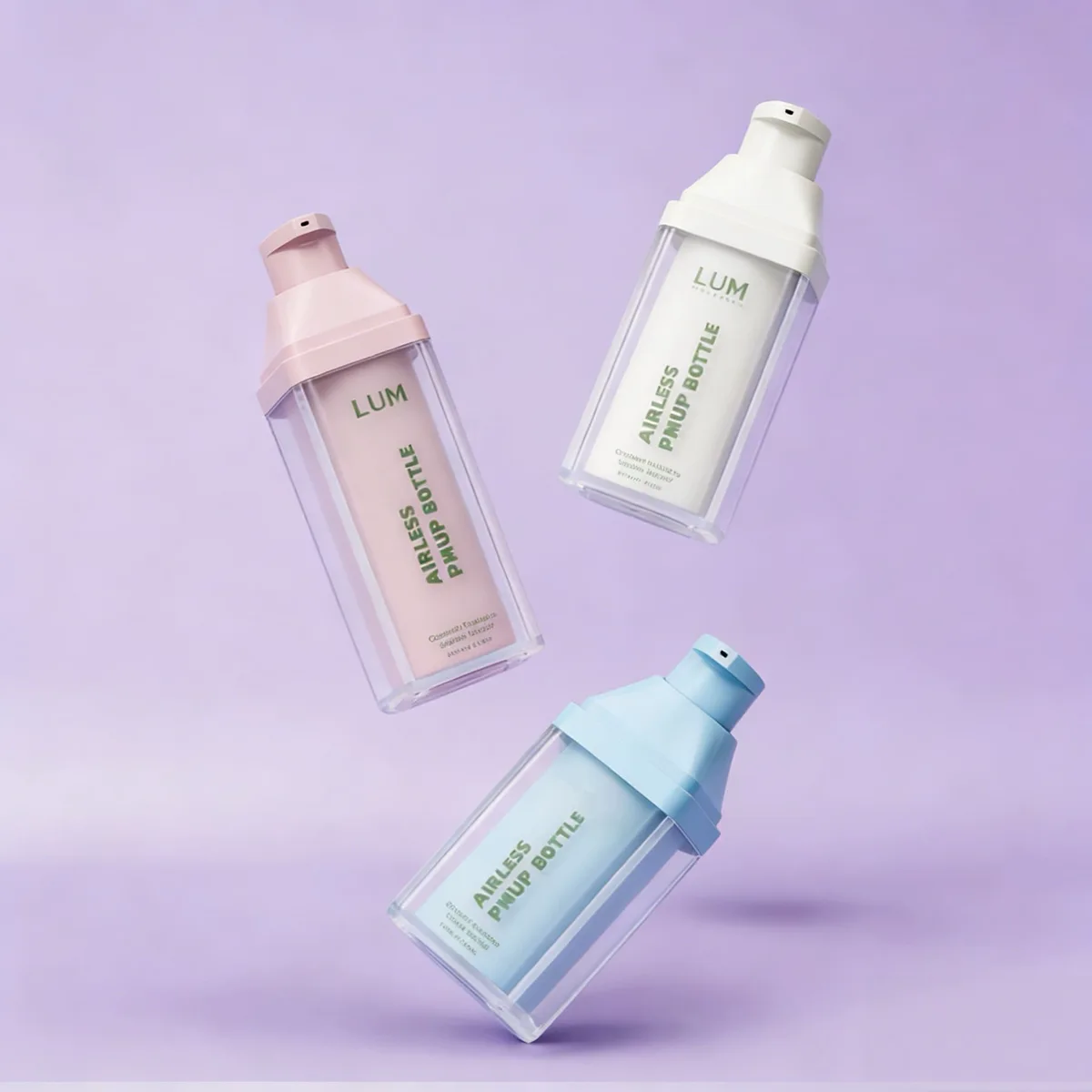 Detailed airless bottle dimensions and size chart for 15ml 30ml and 50ml square cosmetic packaging.