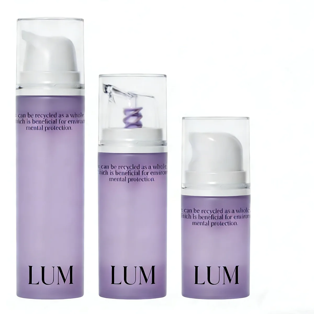 Complete 15ml to 50ml recyclable cosmetic packaging matrix, optimally sized for high-potency facial treatments and lotions.