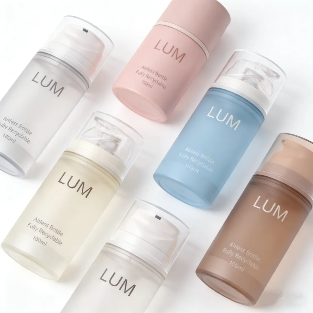 Pastel multi-capacity cosmetic packaging manufactured by Lumlun, featuring the LUM logo for cohesive brand identity.