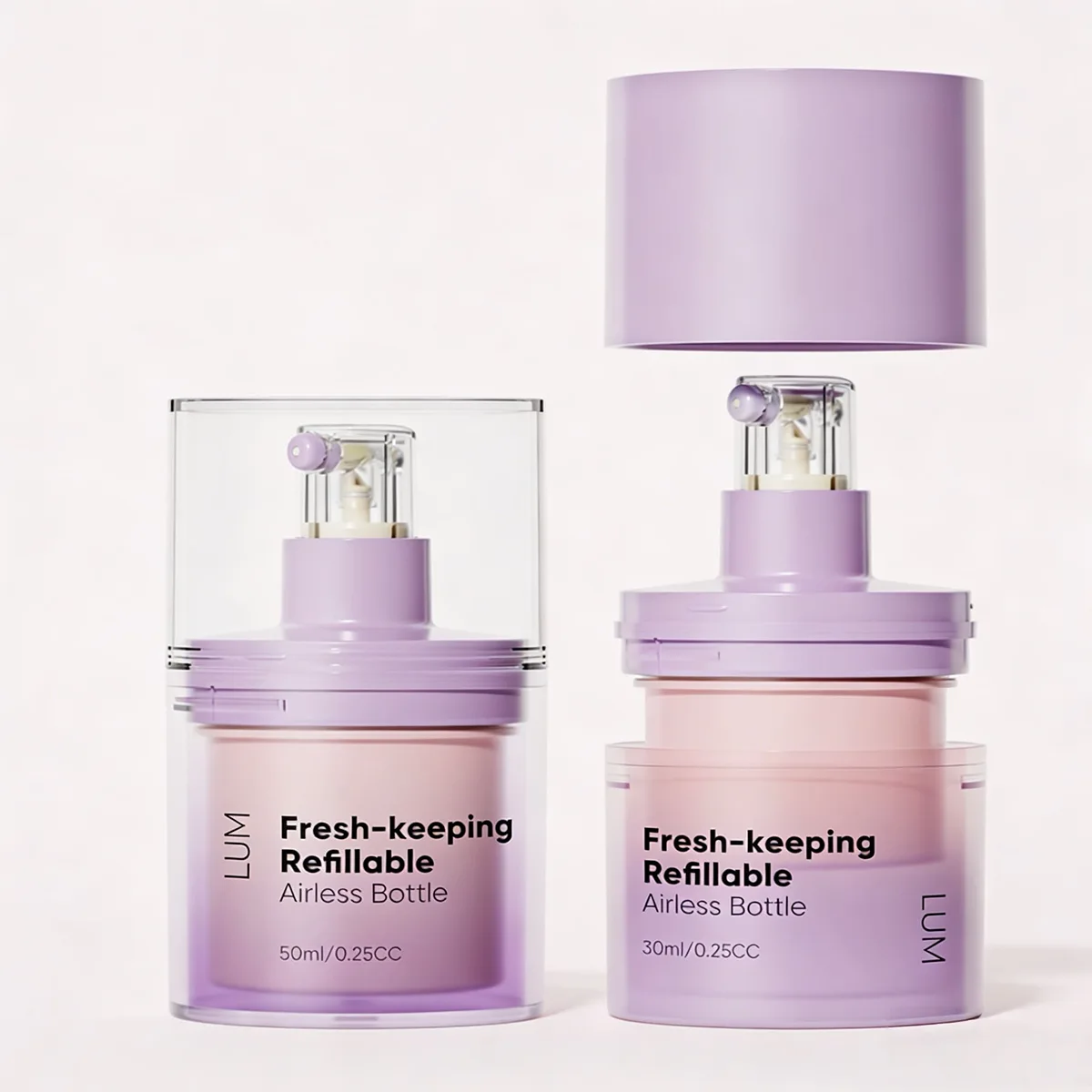 Premium double-wall structure demonstrating a crystal-clear outer shell alongside a custom frosted PP refill pod.