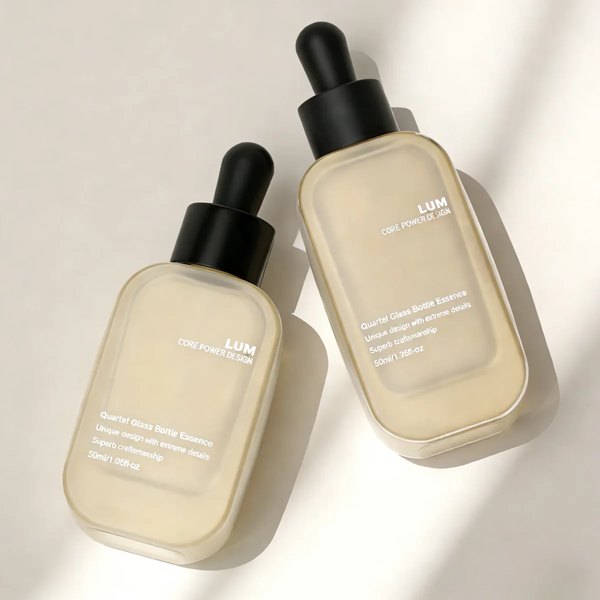 Custom 30ml and 50ml square containers in high-clarity glass material, perfectly suited for high-end facial treatment oils.