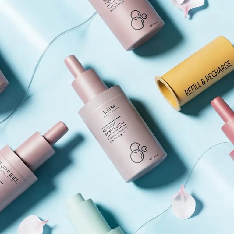 Technical dimensions of 30ml matte PP dropper bottle featuring sustainable refillable structure for cosmetic packing.