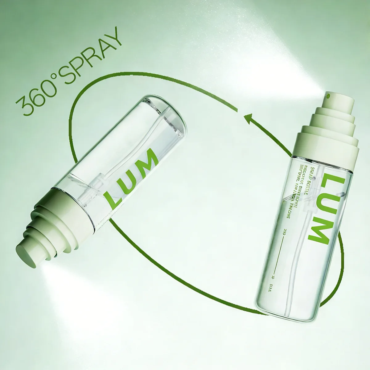Sustainable PCR PET skincare packaging manufactured by Lumlun, featuring the LUM logo on a translucent green mist bottle.