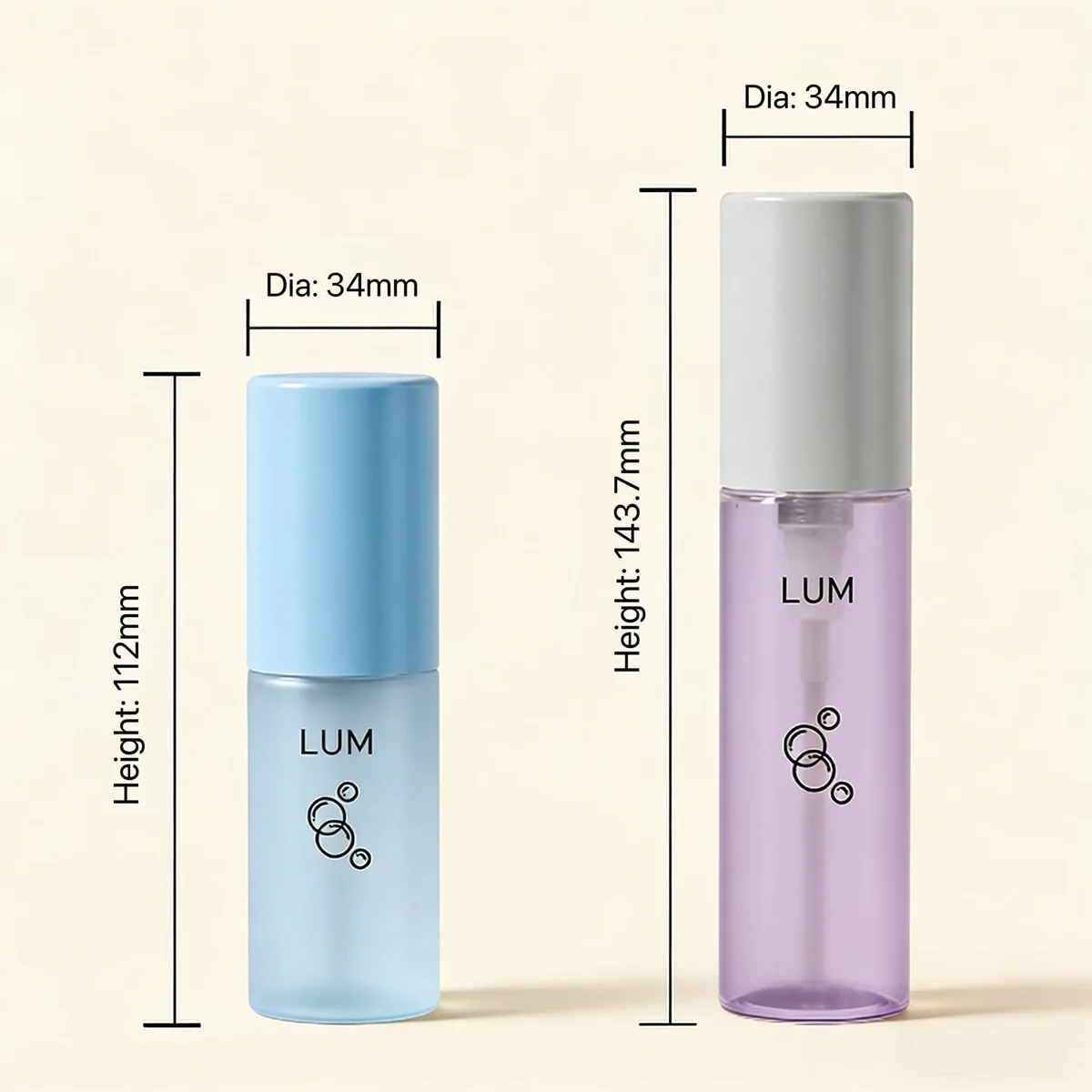Premium high-clarity skincare packaging manufactured by Lumlun, featuring the LUM logo on a translucent blue mist bottle.