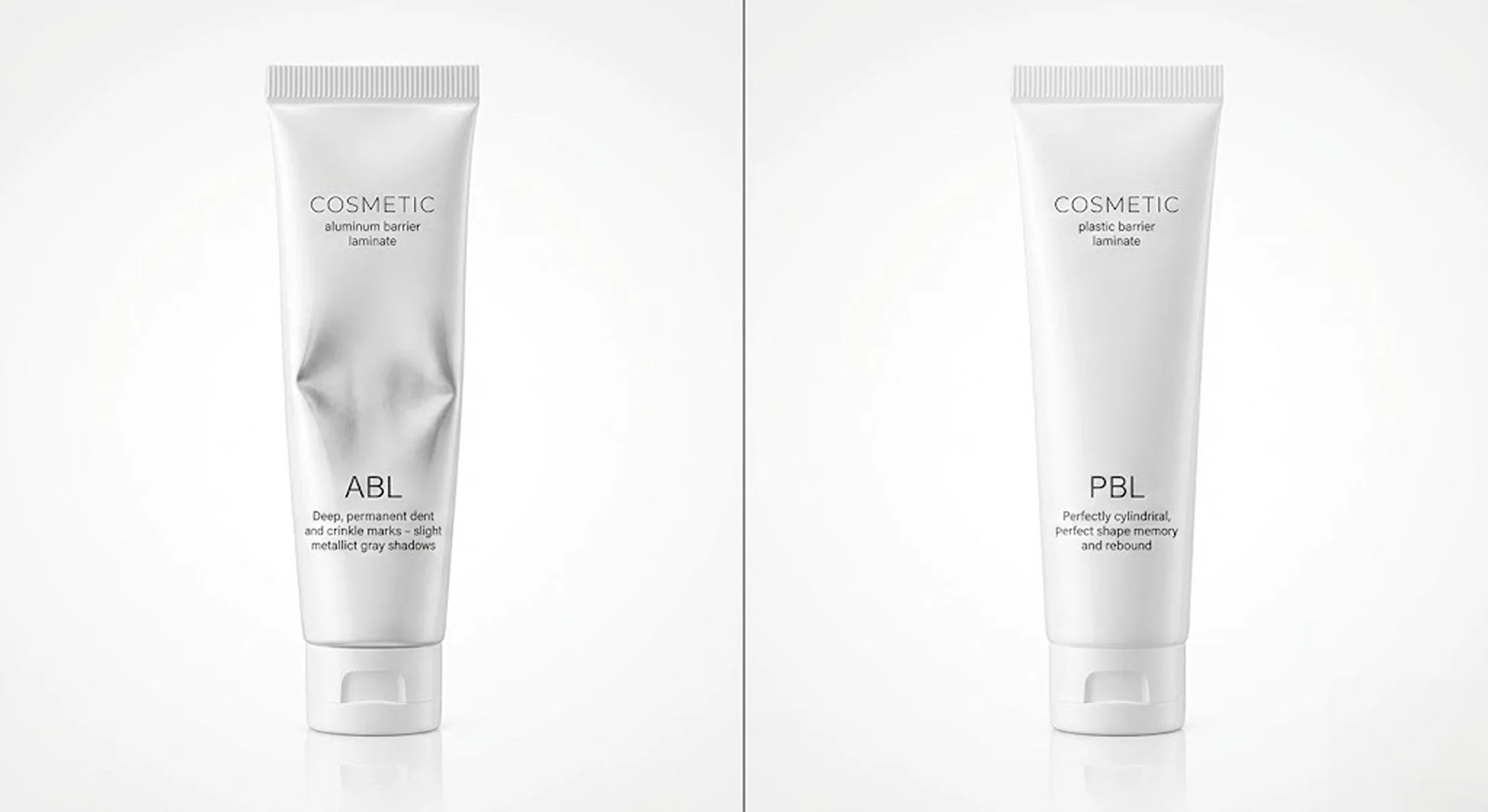 Visual comparison demonstrating the rebound effect: The ABL tube stays dented after squeezing, while the PBL tube bounces back to its original shape.