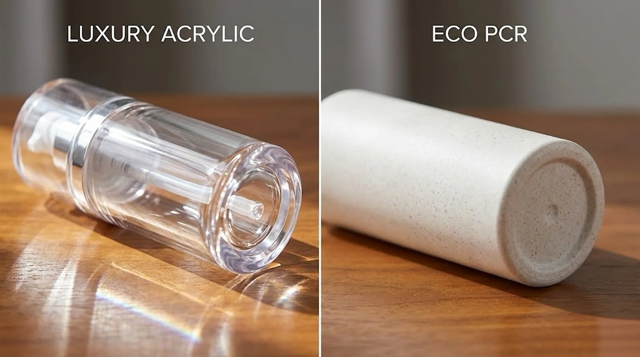 Material Texture Comparison: Left side shows a crystal clear, thick-walled Acrylic airless bottle reflecting luxury light; Right side shows a warm, matte-finish PCR eco-friendly airless bottle.