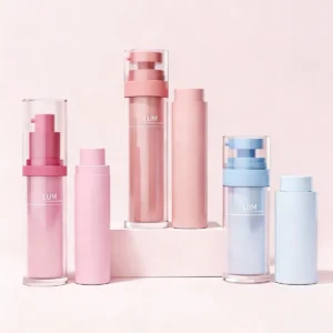 Comparison of different airless bottle materials: PP, AS, and PCR finishes.