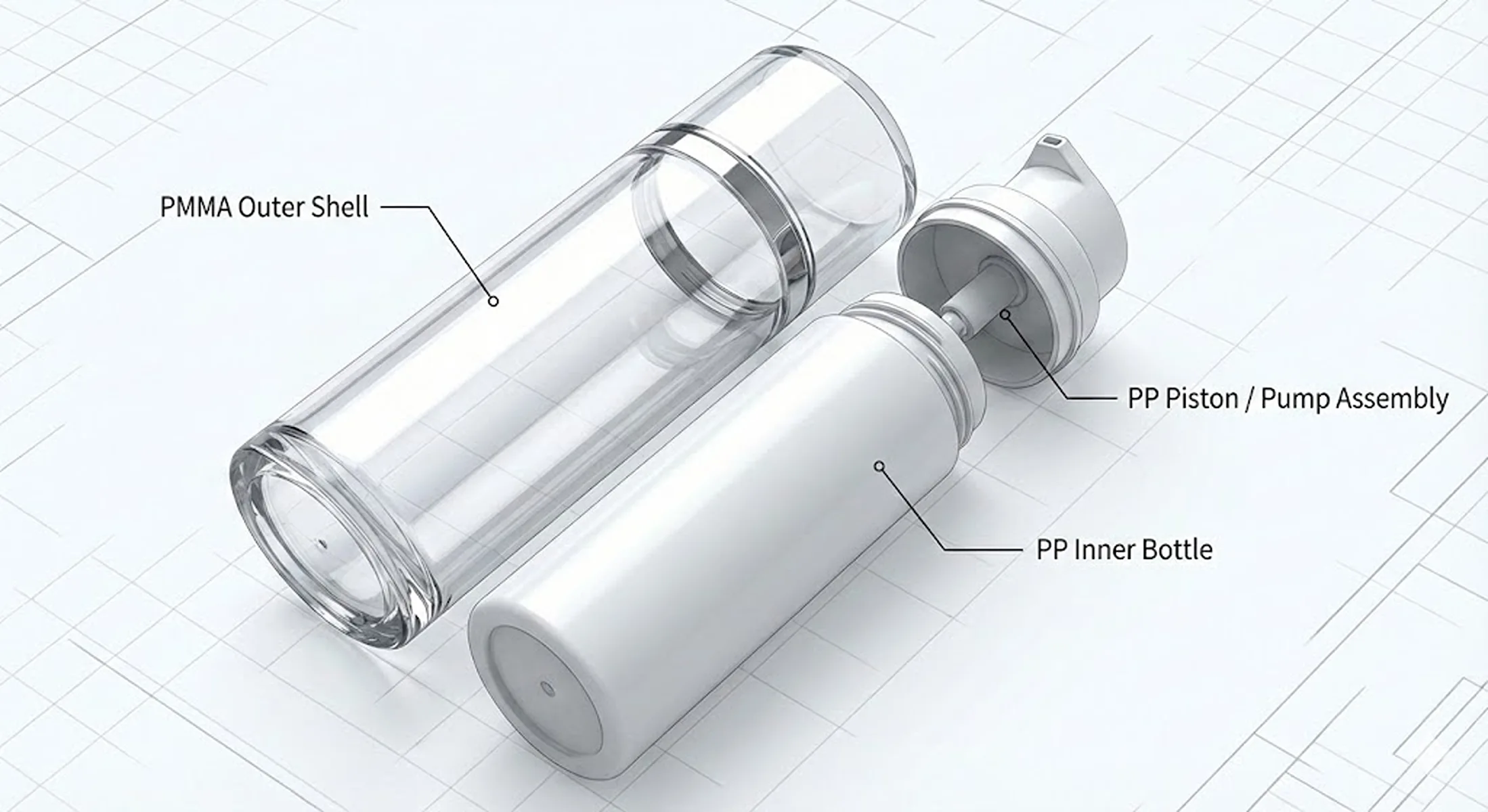 Structure Exploded View: Showing a double-wall airless bottle, labeling the outer shell as PMMA (Acrylic) and the inner bottle/piston as PP.