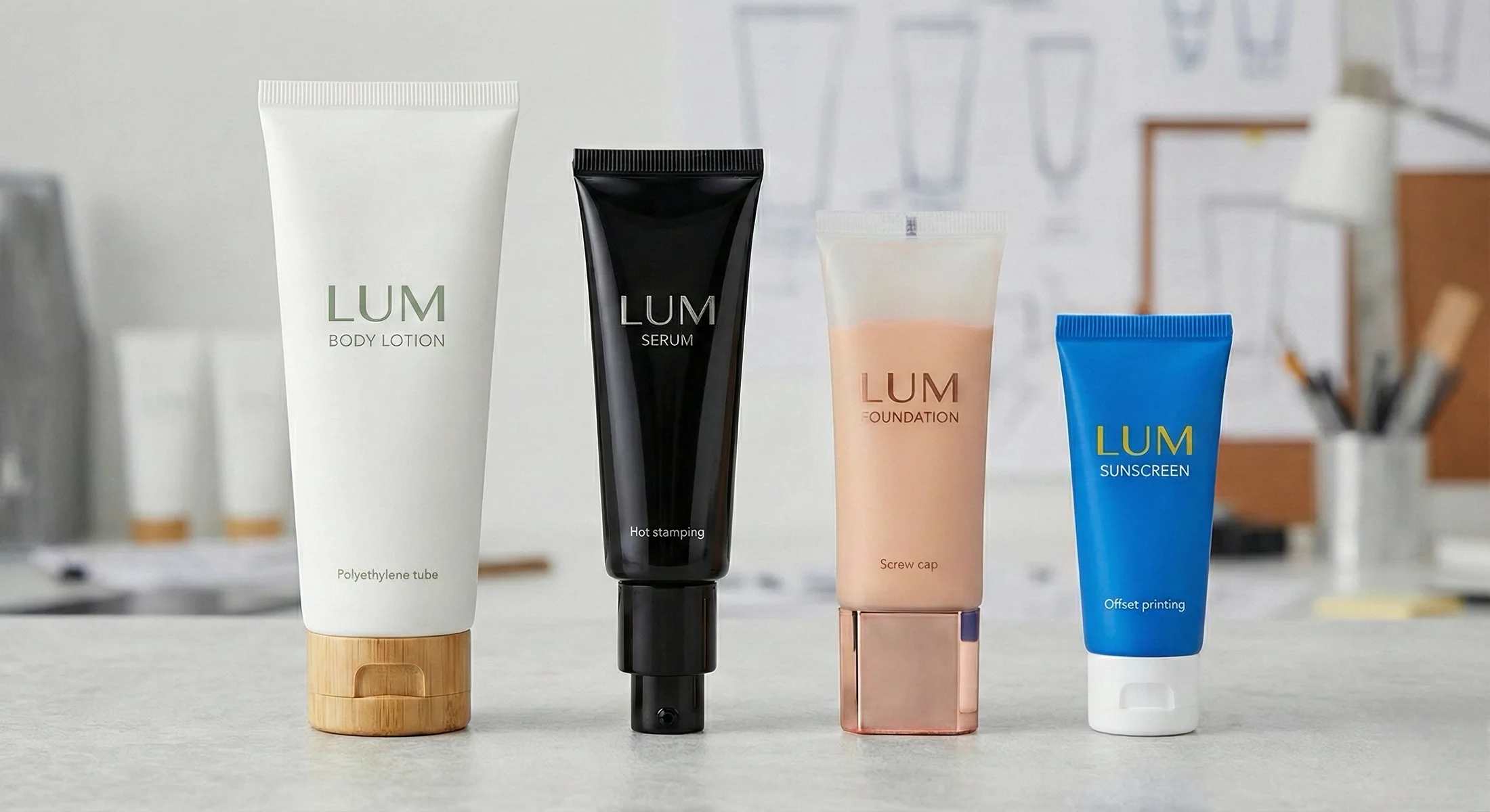 Assortment of cosmetic soft tubes showing different finishes and caps.