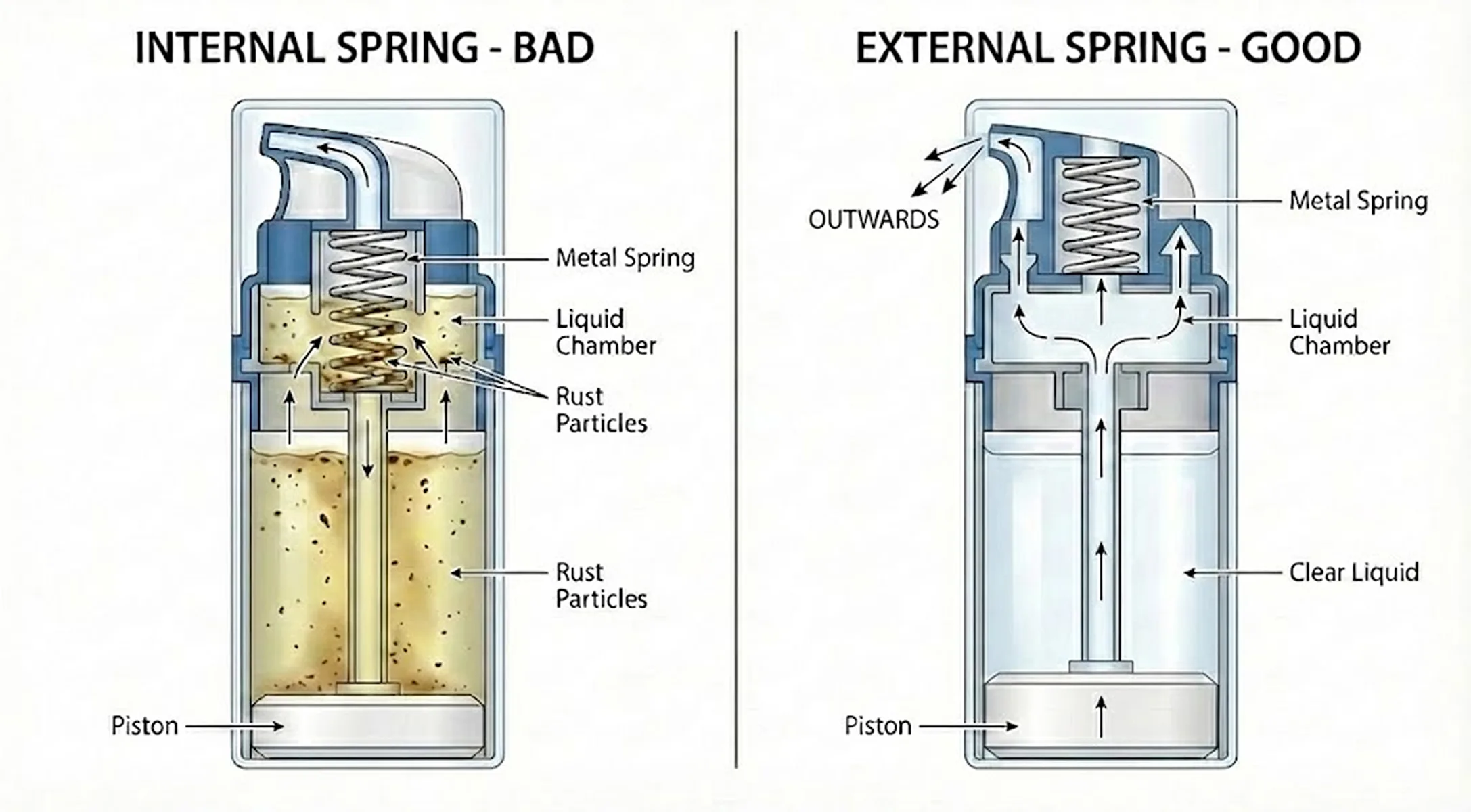 Technical diagram comparing Internal Spring (Corroded) vs External Spring (Clean).