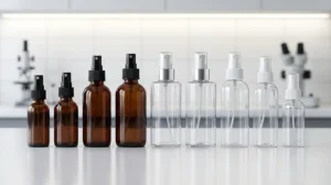 Guide Cover: A collection of various fine mist spray bottles (Glass, PET, PETG) lined up on a clean laboratory table.