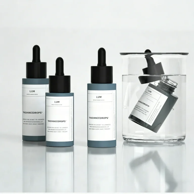 Modern serum packaging series manufactured by Lumlun, featuring the LUM logo on a minimalist flat shoulder design.