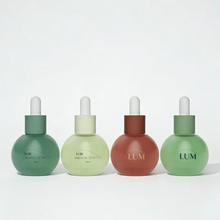 Close-up of frosted spherical glass dropper bottle with custom brand logo printing