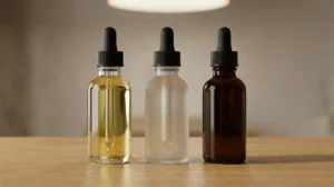 Comparison of different glass bottle colors: Clear, Frosted, and Amber.