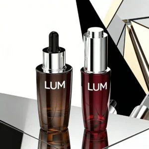 Eco-friendly serum packaging manufactured by Lumlun, featuring the LUM logo on a UV-protective tinted glass body.