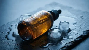 Close-up photography: A heavy-bottom glass bottle placed next to ice cubes, implying thermal stability.
