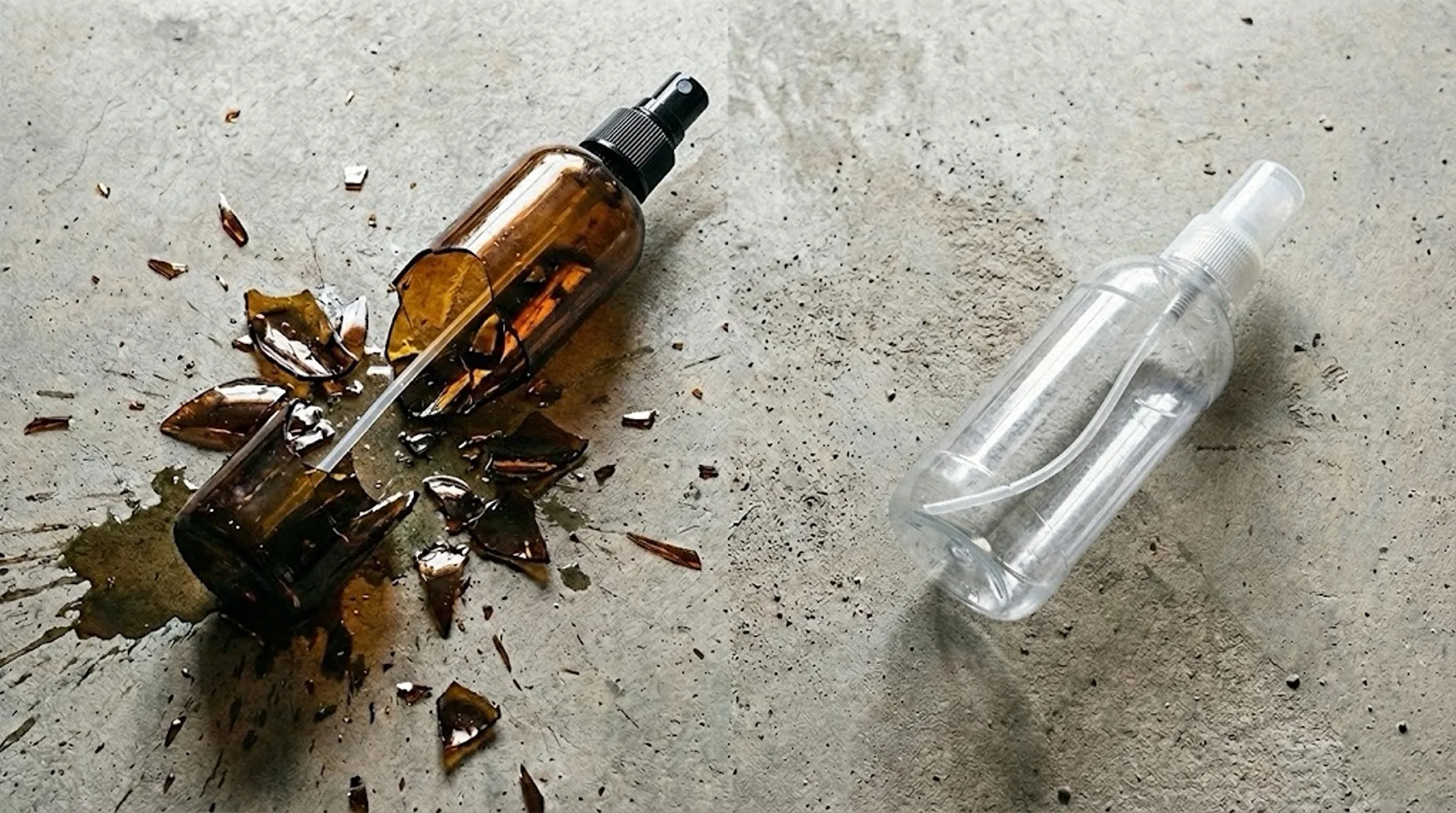 Glass vs Plastic: Side-by-side comparison showing a broken glass bottle vs. an intact plastic bottle after a drop test.