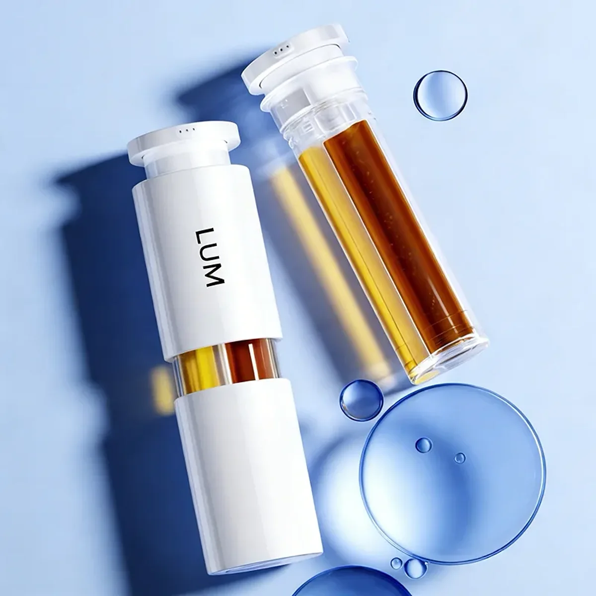 Multi-step skincare packaging manufactured by Lumlun, featuring the LUM logo on a premium high-gloss ABS outer shell.