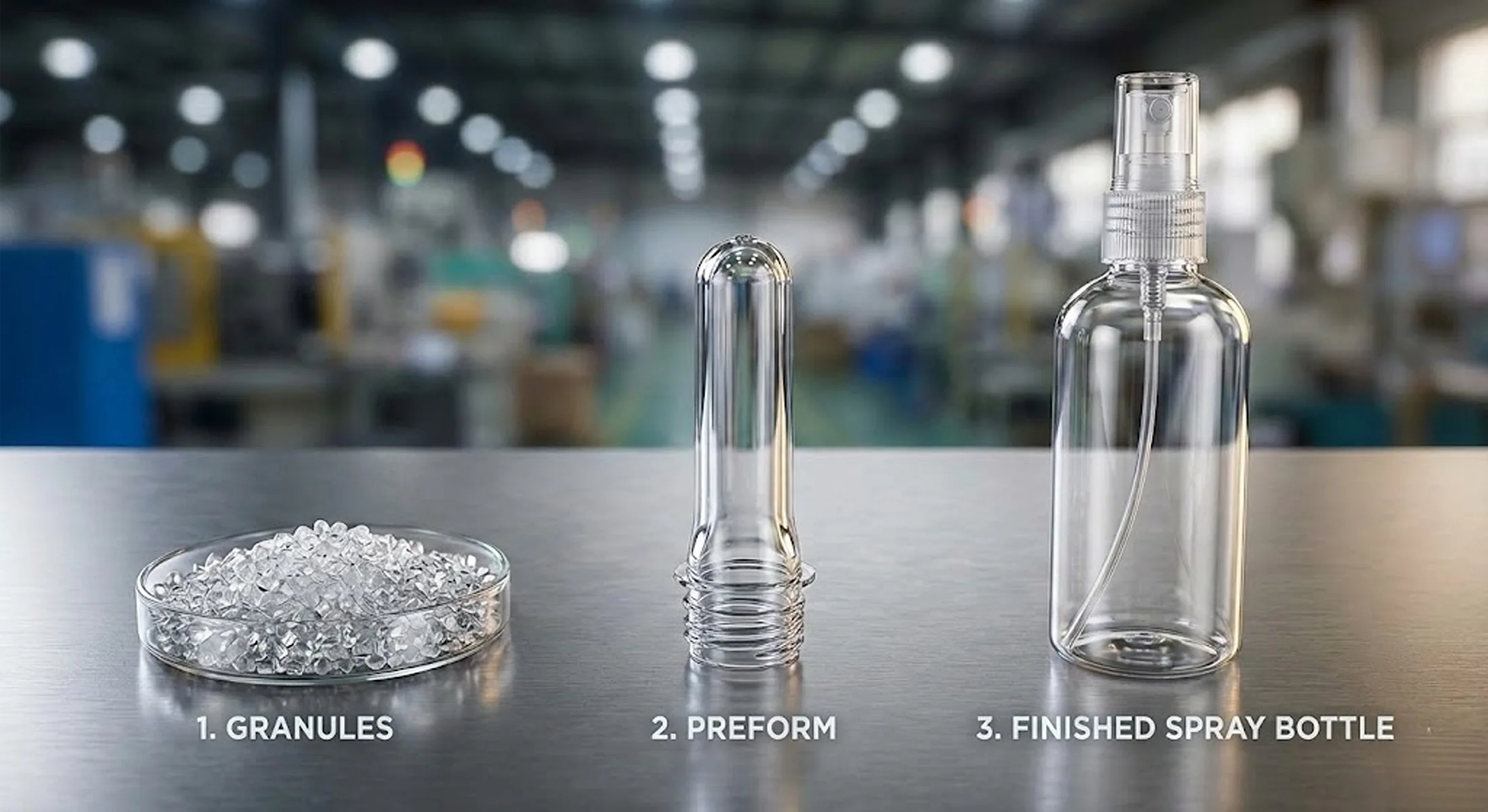 Manufacturing Process: A diagram showing the Injection Blow Molding stages: Pellets -> Preform -> Final Bottle.
