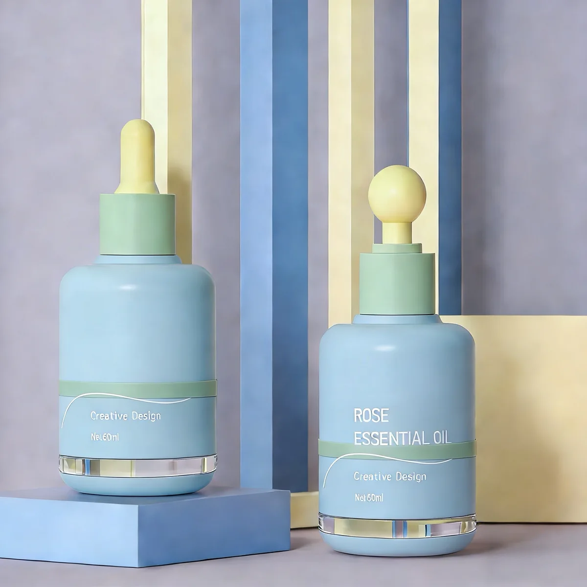 Large capacity essential oil packaging manufactured by Lumlun, featuring the LUM logo on custom blue glass bottles.