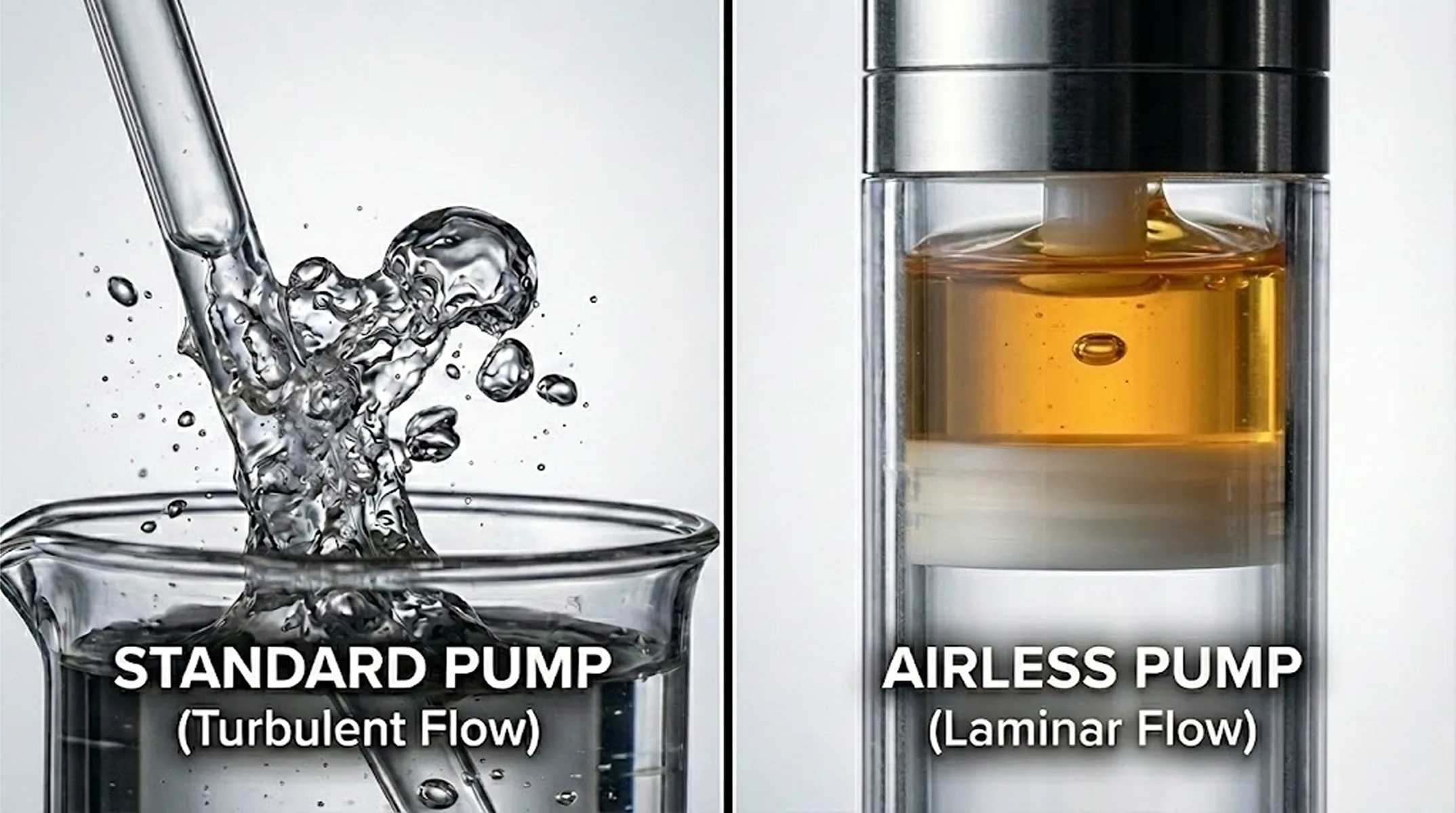 Structure Animation: Left side shows normal pump sucking air bubbles in; Right side shows airless piston rising smoothly without bubbles.