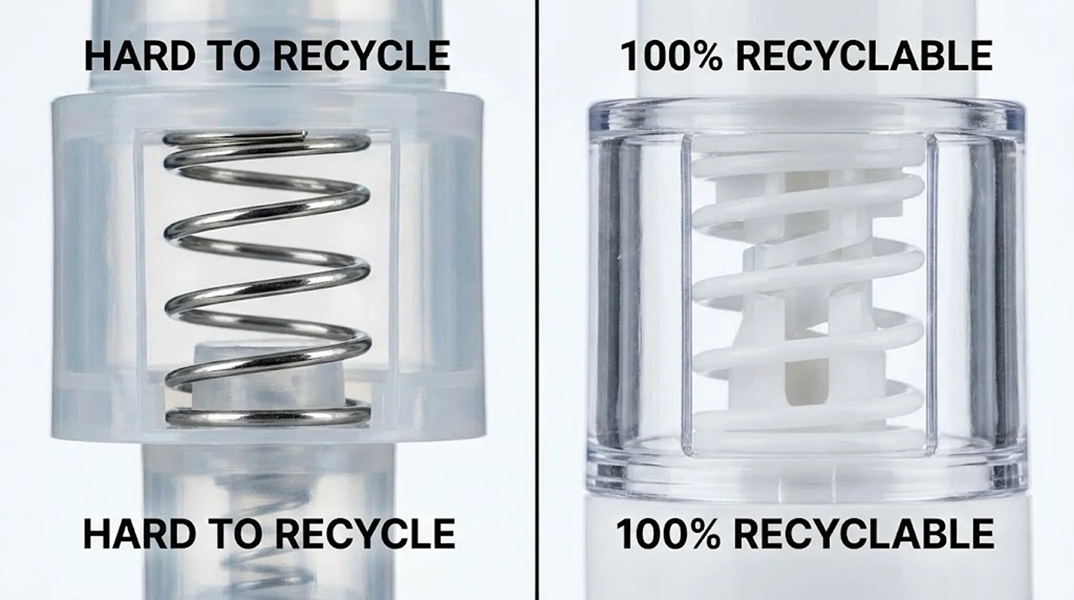 Recycling Guide: Comparison. Left side shows a pump with a metal spring labeled "Hard to Recycle"; Right side shows Lum's All-Plastic pump labeled "100% Recyclable".