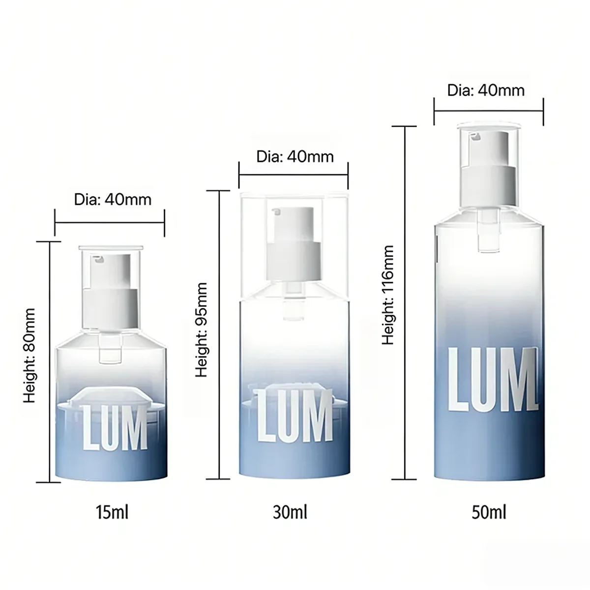 Premium heavy-wall skincare packaging manufactured by Lumlun, featuring the LUM logo on a frosted blue gradient design.