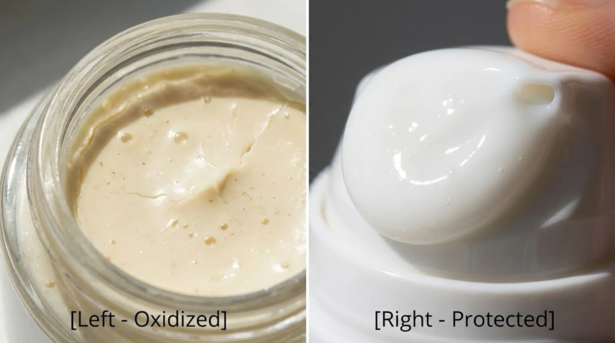 Preservation Concept: Showing liquid inside an airless bottle completely isolated, while a standard bottle is filled with air bubbles.