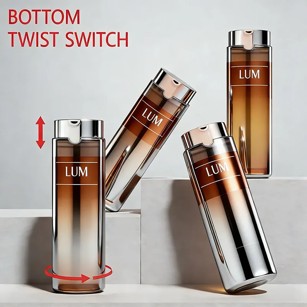 Sustainable double eco skincare packaging manufactured by Lumlun, featuring the LUM logo on a premium gradient amber finish.