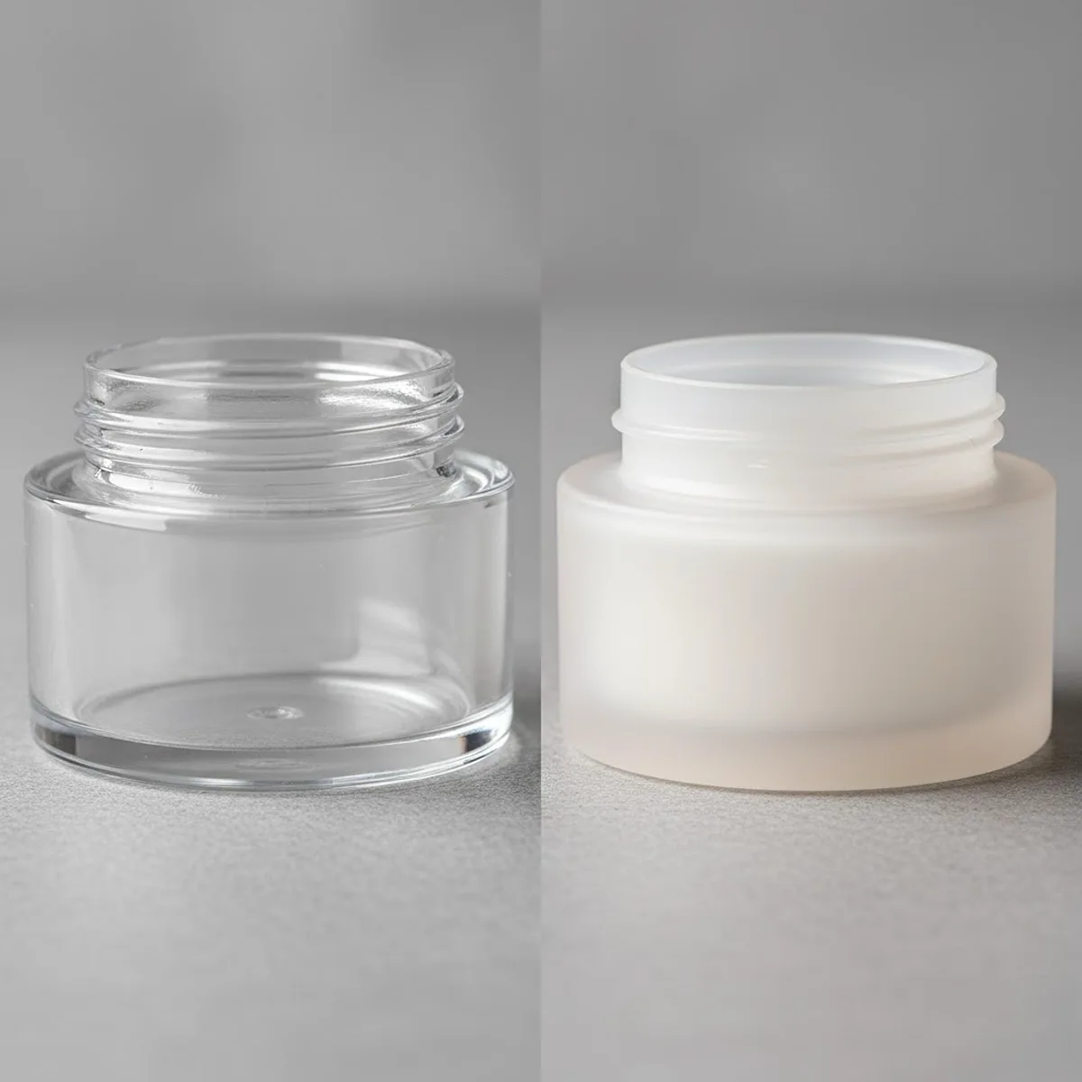 Material Showdown: A glossy, transparent PET jar placed next to a matte, semi-transparent PP jar to highlight the textural difference.
