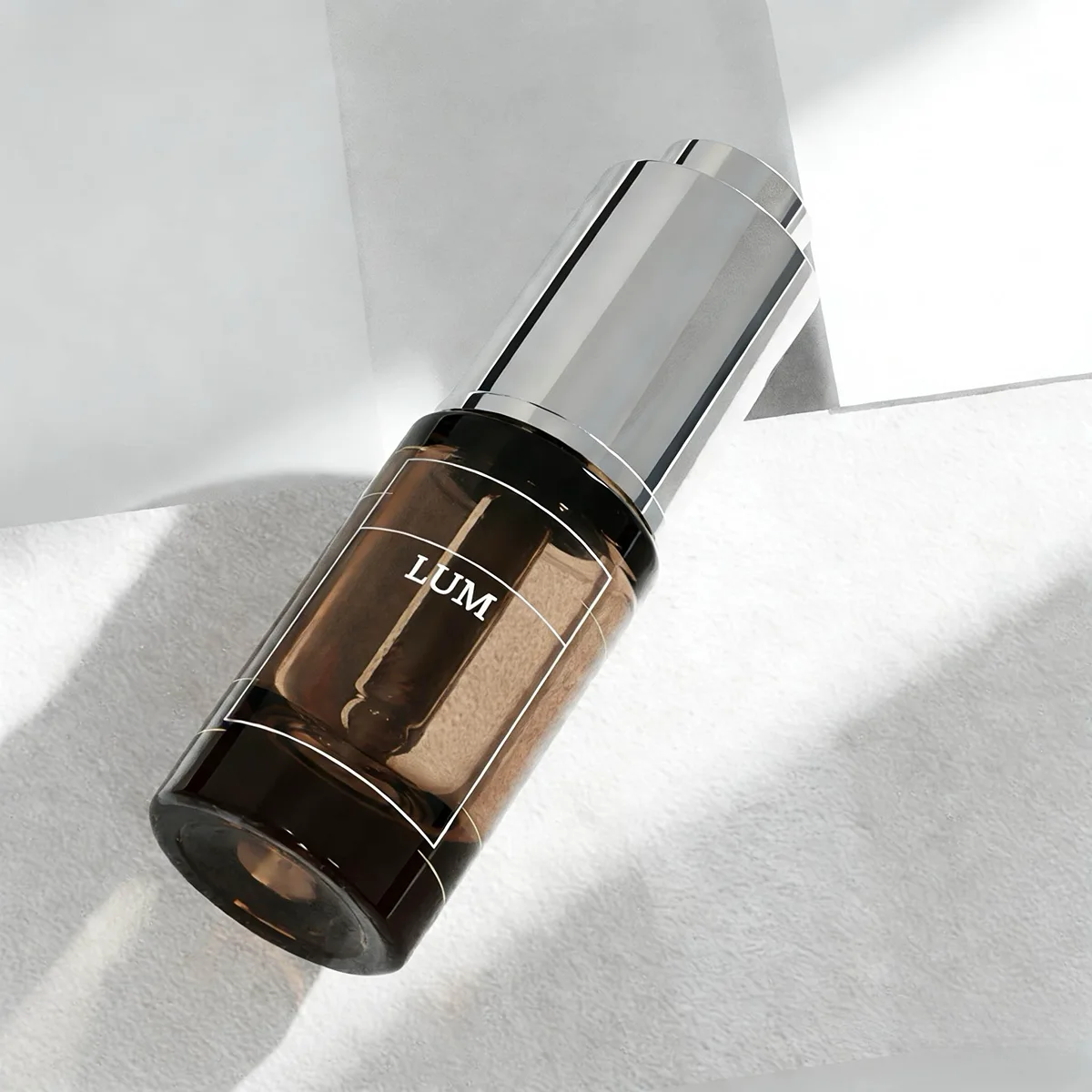 Premium serum sample packaging manufactured by Lumlun, featuring the LUM logo on a sophisticated brown glass body.