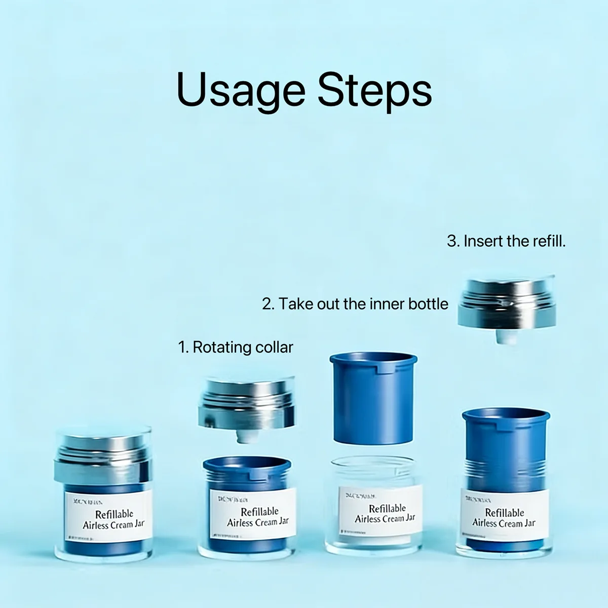 Step-by-step photos showing how to replace the inner cartridge of a refillable airless bottle.