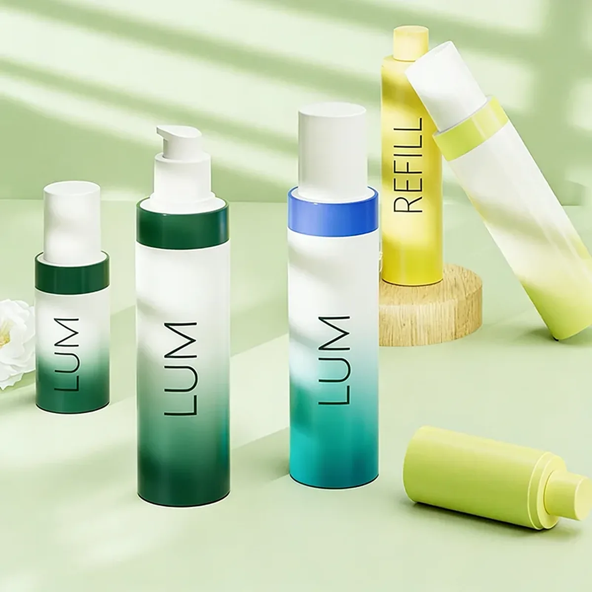 Mono-material skincare packaging manufactured by Lumlun, featuring the LUM logo on a premium matte green gradient finish.