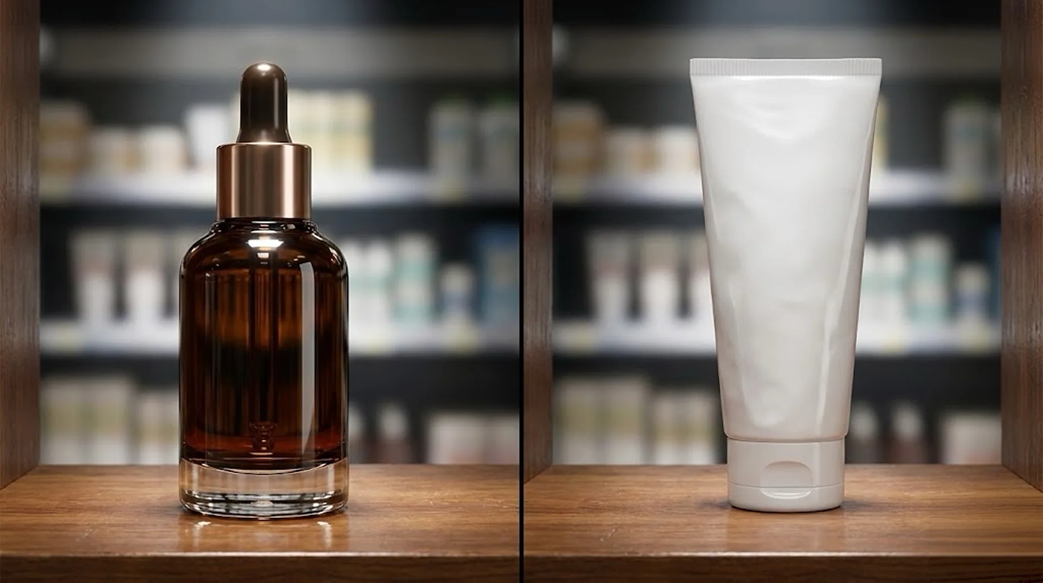 Comparison: Visual shelf display of a premium glass bottle Vitamin C vs. a cheap plastic tube Vitamin C.