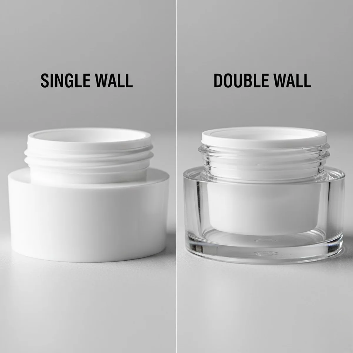 Structure Diagram: A cross-section comparison showing the solid layer of a Single Wall jar versus the nested structure of a Double Wall jar with an air gap.