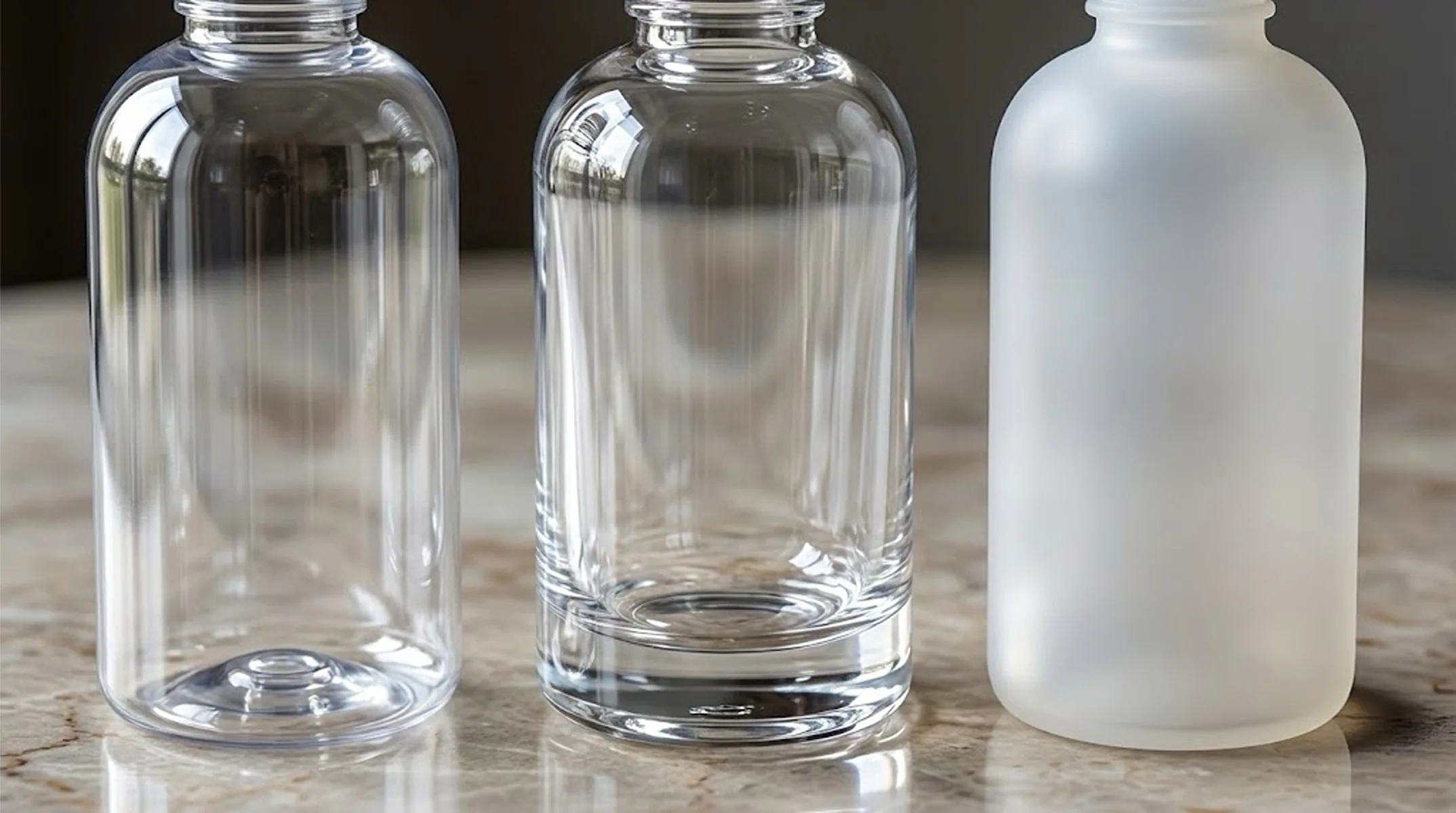 Material Chart: A comparison table showing PET (Clear), PETG (Chemical Resistant), and HDPE (Opaque/Matte).