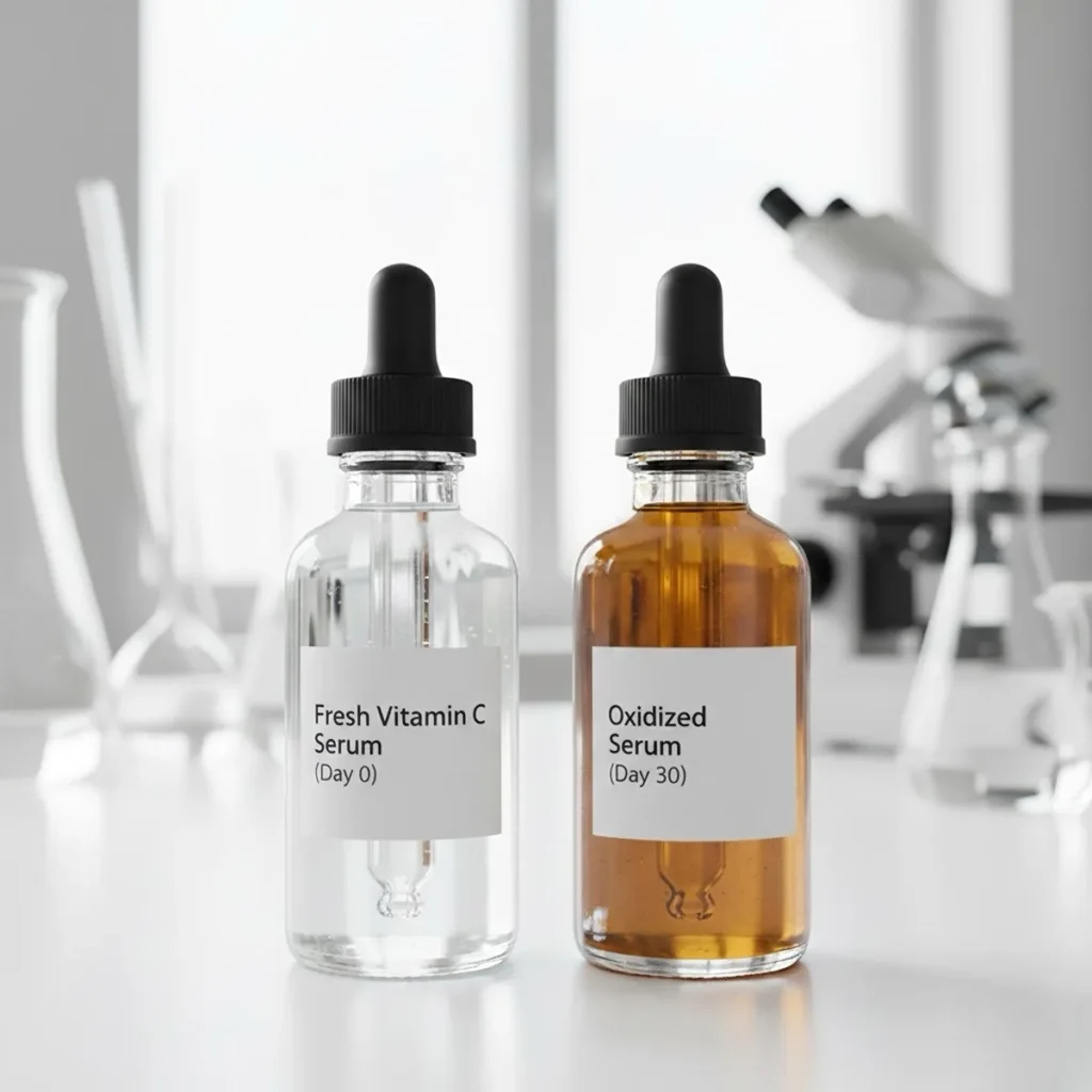 Technical lab comparison of fresh clear Vitamin C serum (Day 0) vs oxidized brown serum (Day 30) in clear glass dropper bottles showing formula degradation