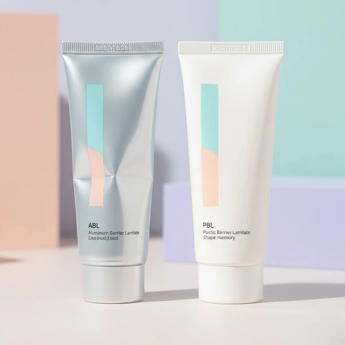 Material comparison chart of Aluminum, ABL, and PBL cosmetic tubes showing barrier layers for active skincare formulas