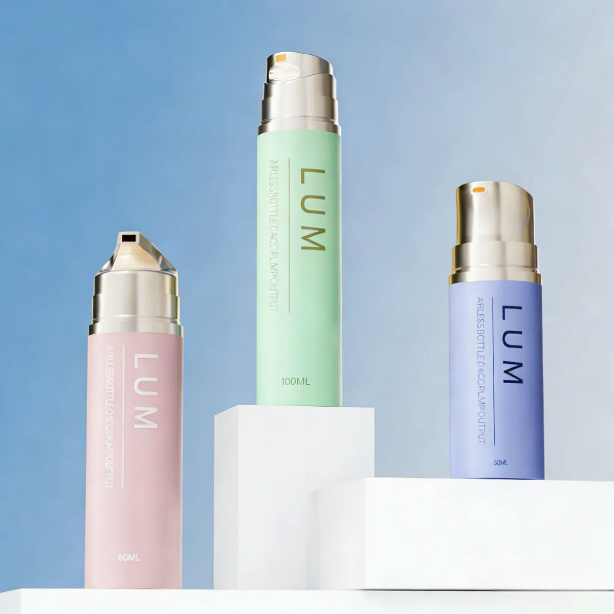 Innovative foaming skincare packaging manufactured by Lumlun, featuring the LUM logo on pastel PP airless bottles with gold pumps.