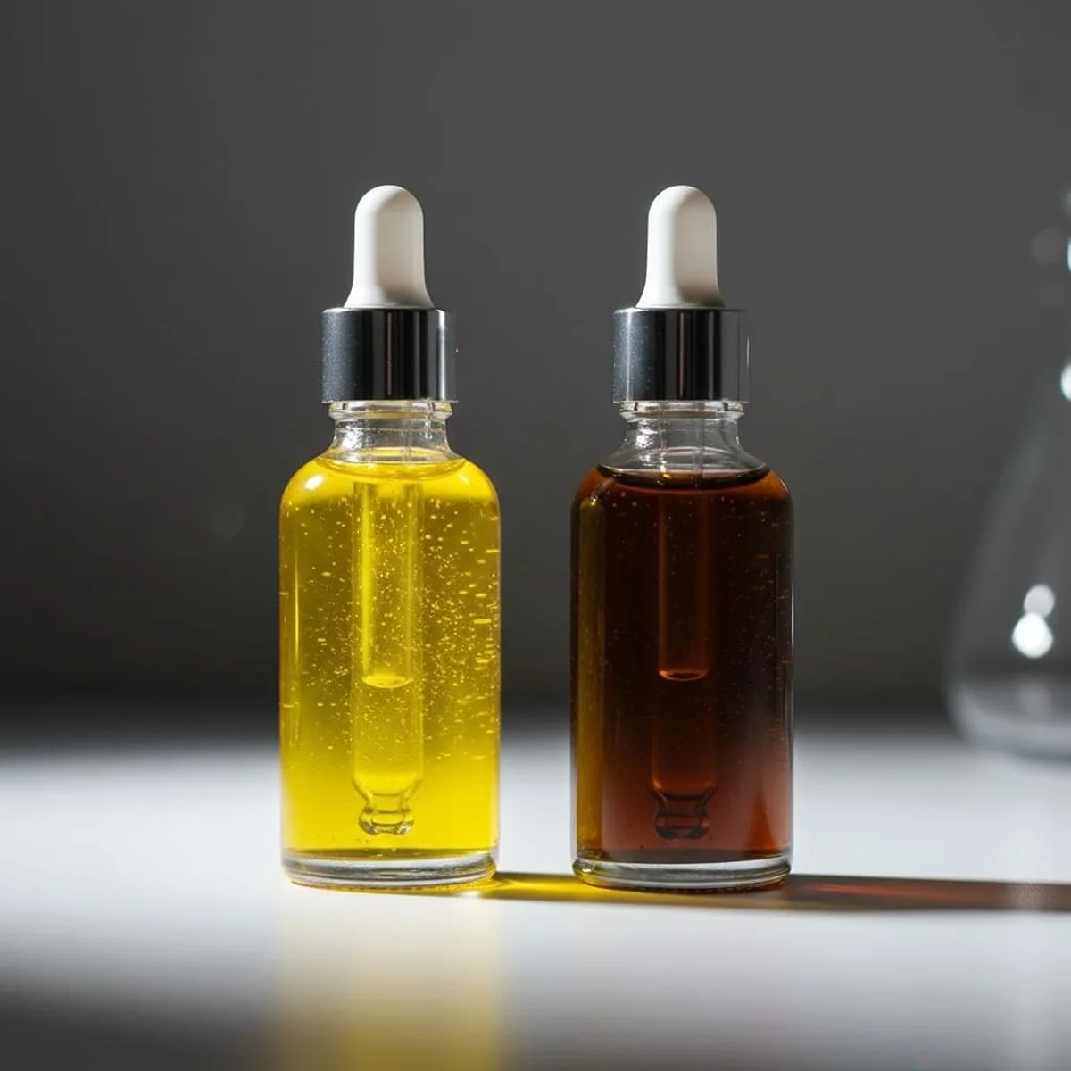 Clear glass dropper bottle showing oxidized dark brown vitamin c serum