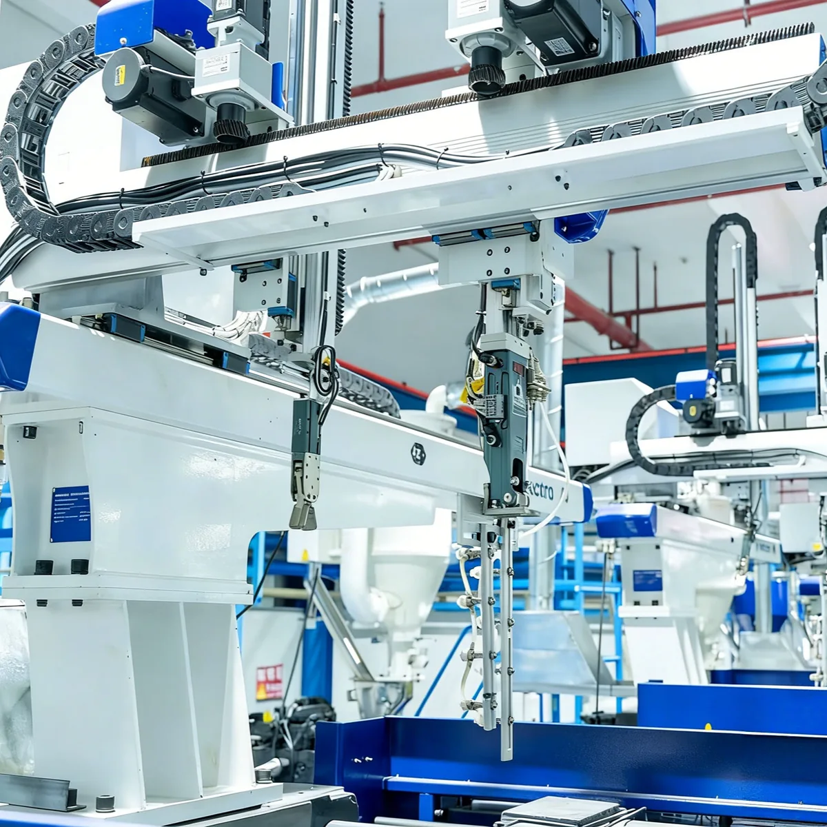 High-precision automated injection molding machine robotic arm handling cosmetic bottle production for mass manufacturing.