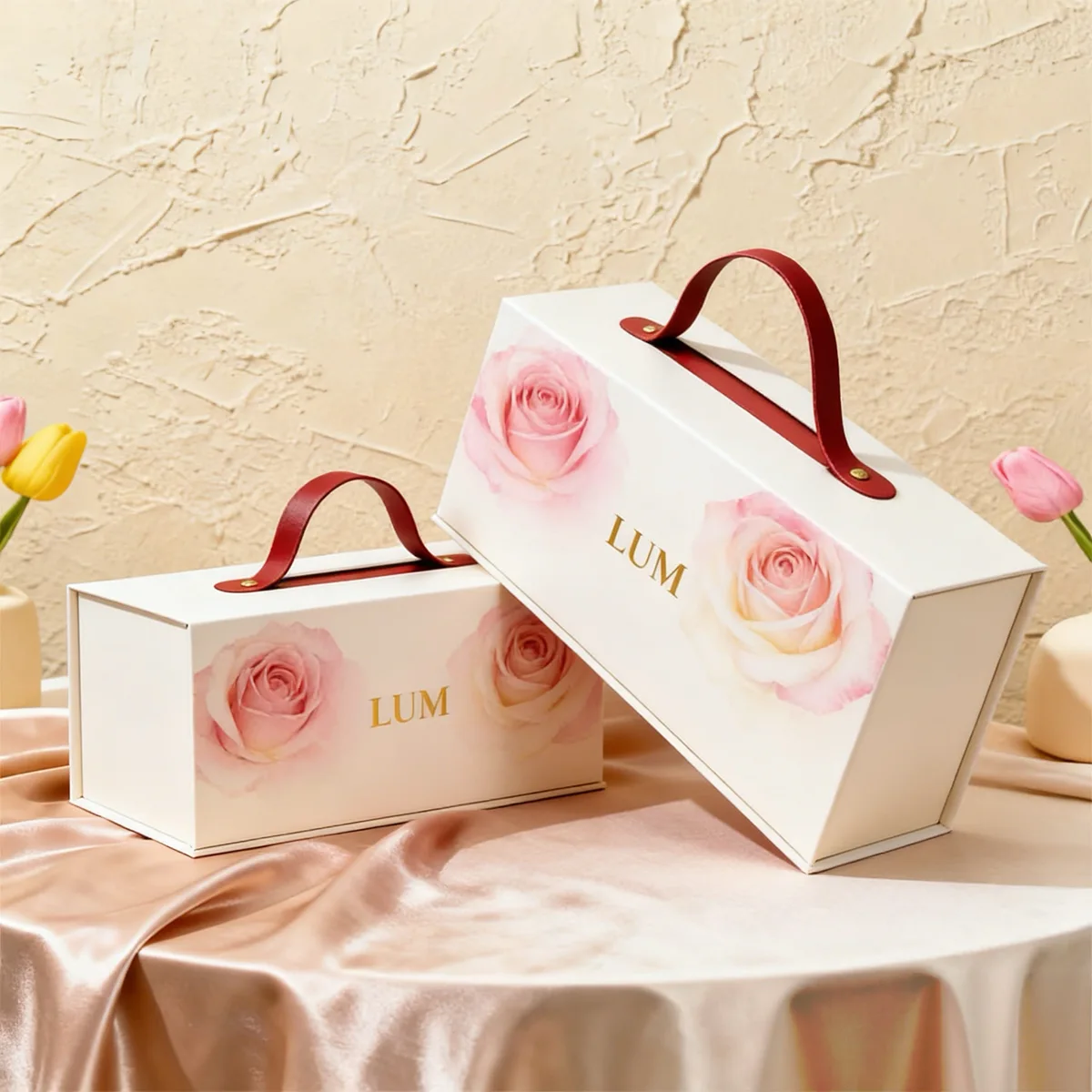 Exquisite rigid box structure showcasing vivid custom floral printing and premium Hot Stamping foil decoration.