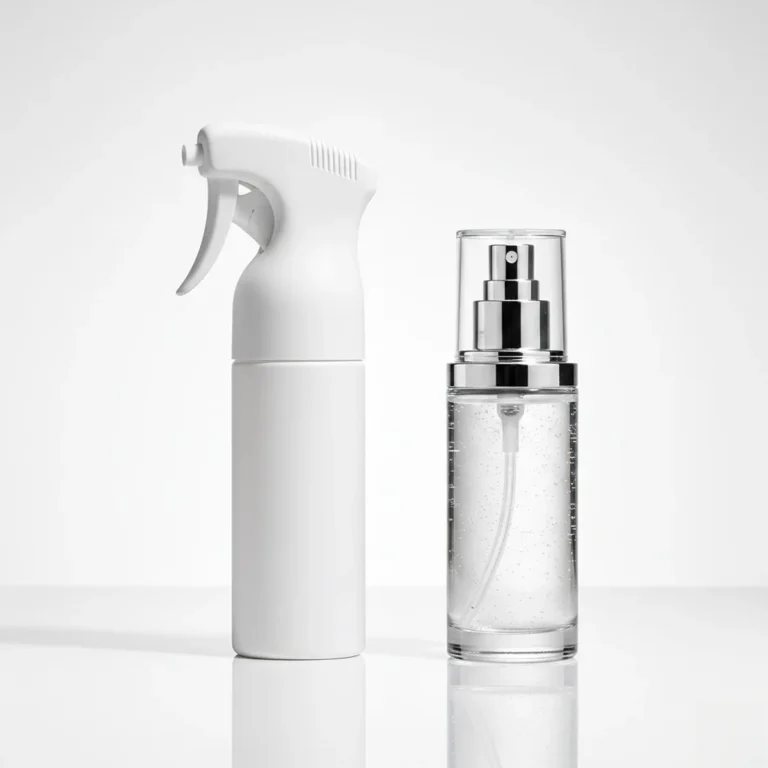 Side by side comparison of continuous spray bottle and finger pump sprayer