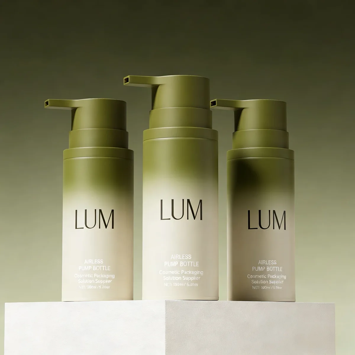 Custom airless bottle featuring a unique color gradient and custom logo printing for luxury body care packaging.