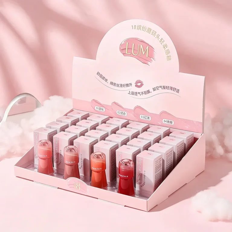 Custom cosmetic counter display box manufacturer producing pink cardboard stands for lip gloss tubes in retail stores.