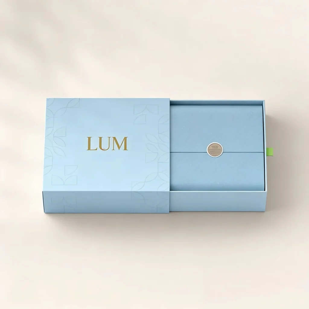 High-density outer sleeve showcasing custom offset geometric printing and an elegant color-matched ribbon pull.