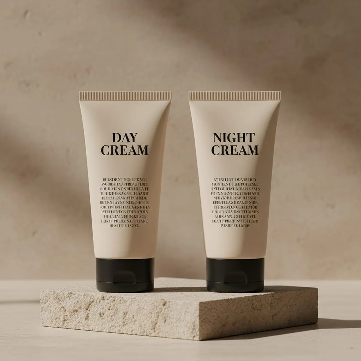 Final produced soft tubes with unified white body and distinct black printing for day and night creams