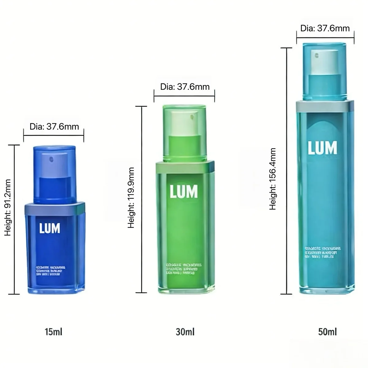 Luxury refillable skincare packaging manufactured by Lumlun, featuring the LUM logo on a heavy-wall translucent blue body.