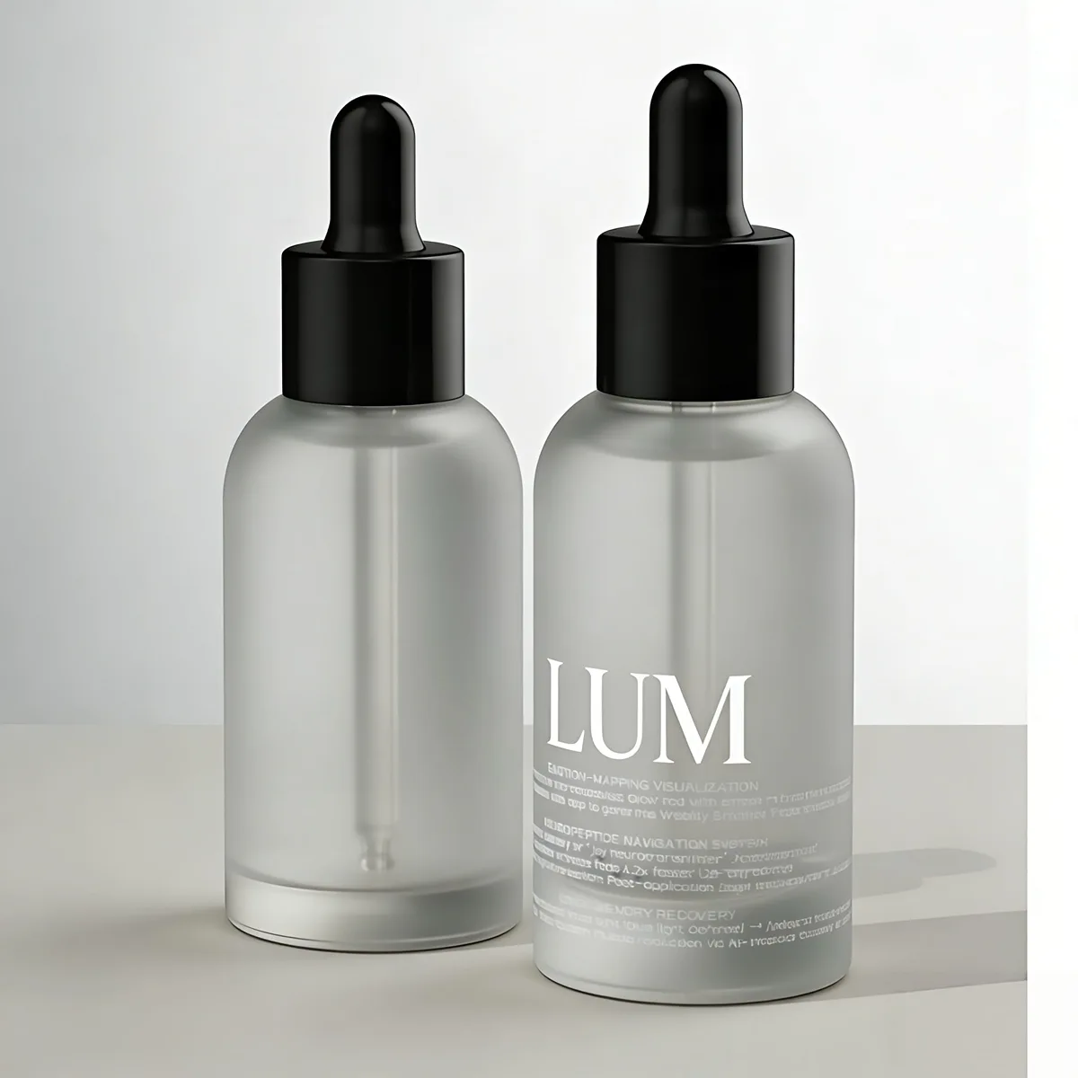 Premium 70ml essential oil packaging manufactured by Lumlun, featuring the LUM logo on a minimalist frosted glass body.